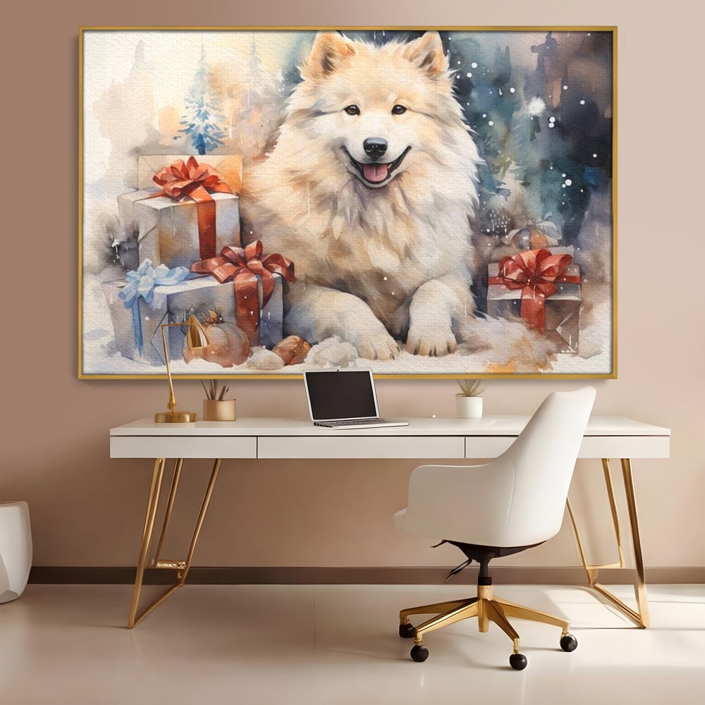 Tablou canvas cu tablou cu caine samoyed si cadouri de craciun, in rama de aluminiu auriu, pe perete intr-un birou
